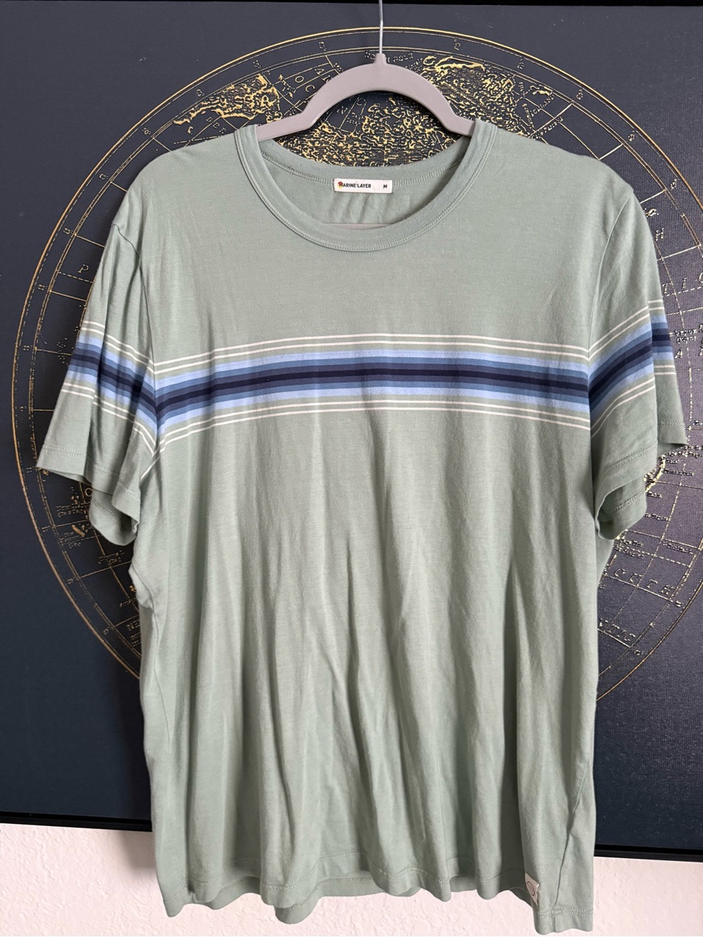 Marine Layer Sage Green Short-Sleeve Tee with Blue Stripe